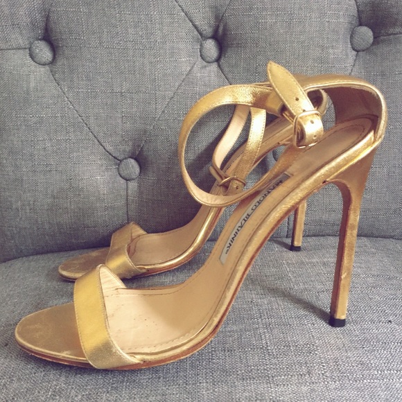 Manolo Blahnik Gold Metallic Ankle Strap Heels - Picture 1 of 5